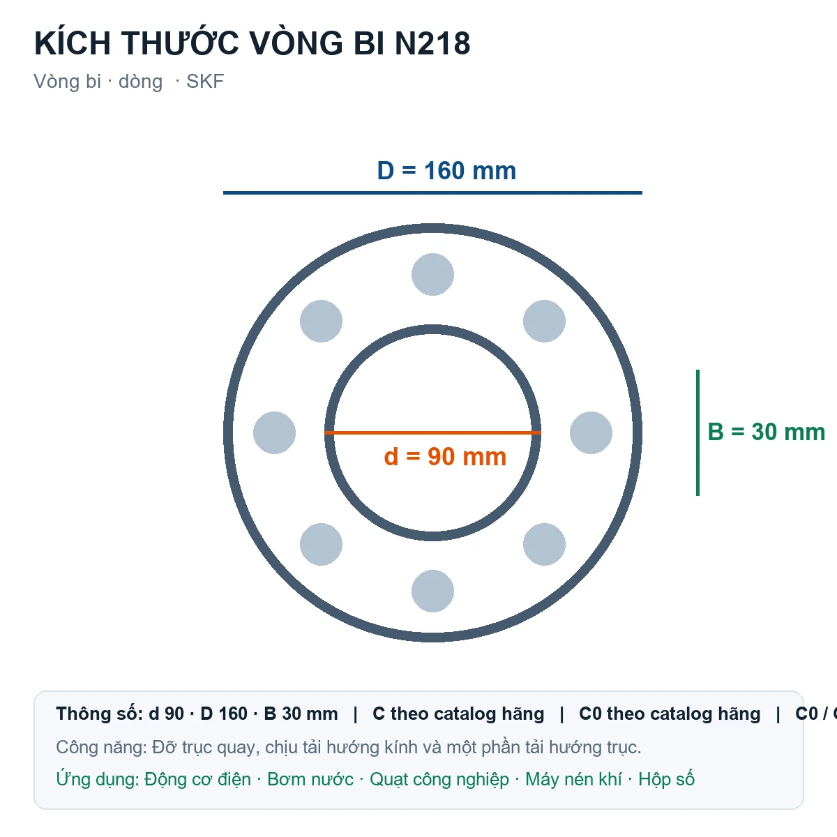 Vòng bi SKF N218 90x160x30mm — Bản vẽ kích thước (Google Images)