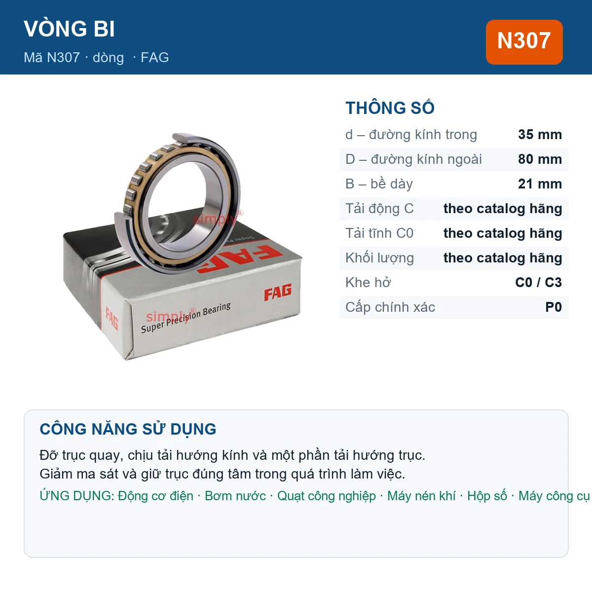Vòng bi FAG N307 35x80x21mm — Ảnh đăng sản phẩm (web)