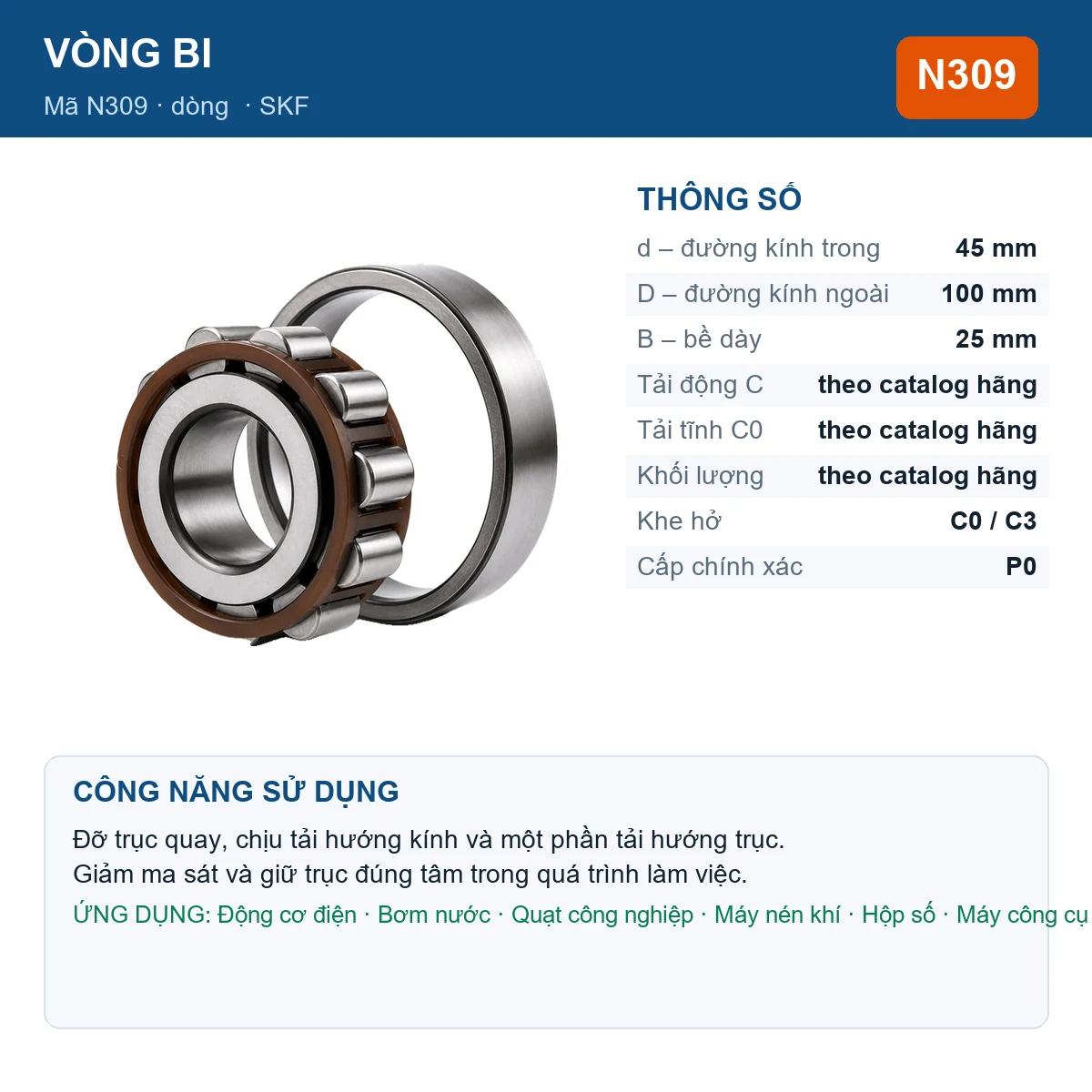 Vòng bi SKF N309 45x100x25mm — Ảnh đăng sản phẩm (web)