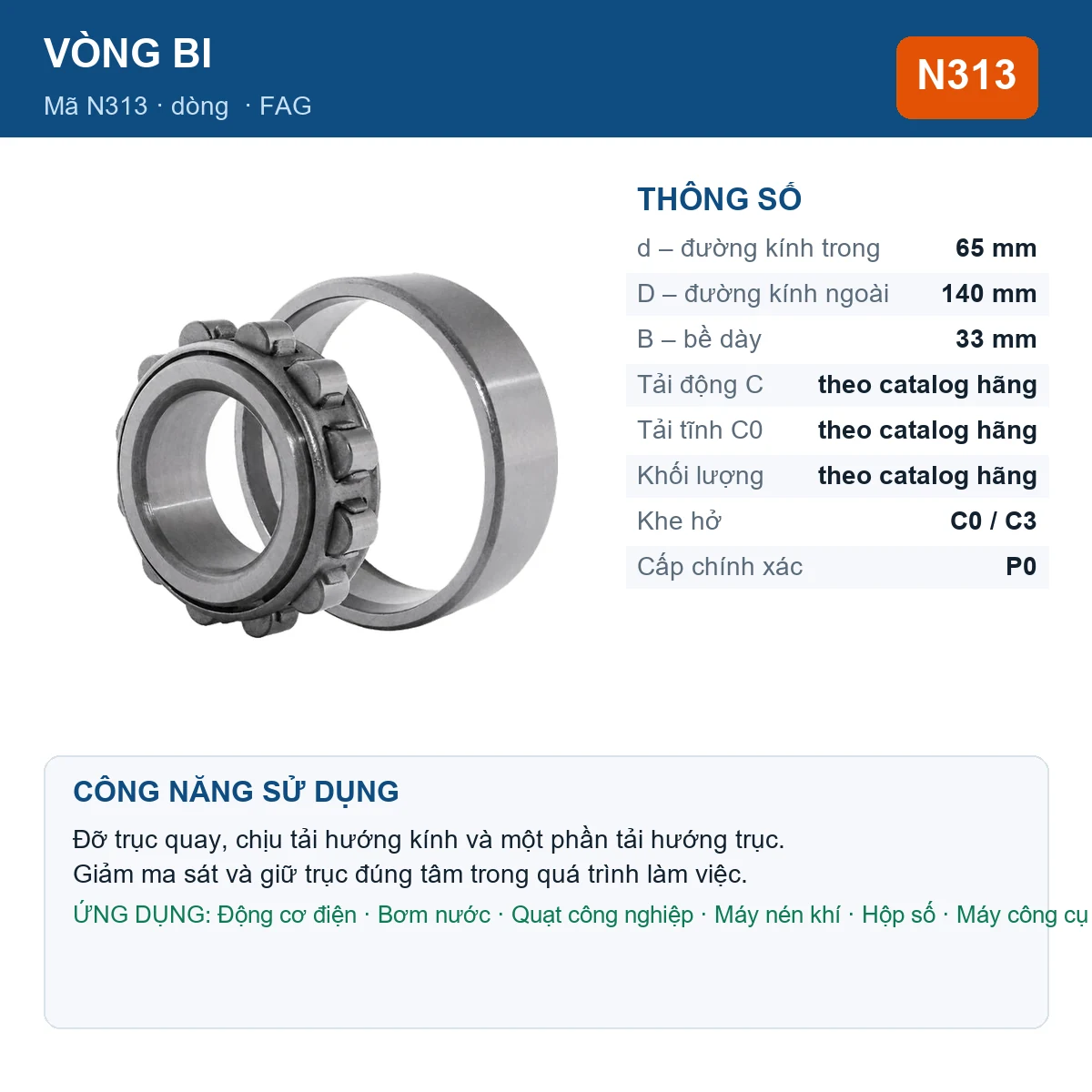 Vòng bi FAG N313 65x140x33mm — Ảnh đăng sản phẩm (web)