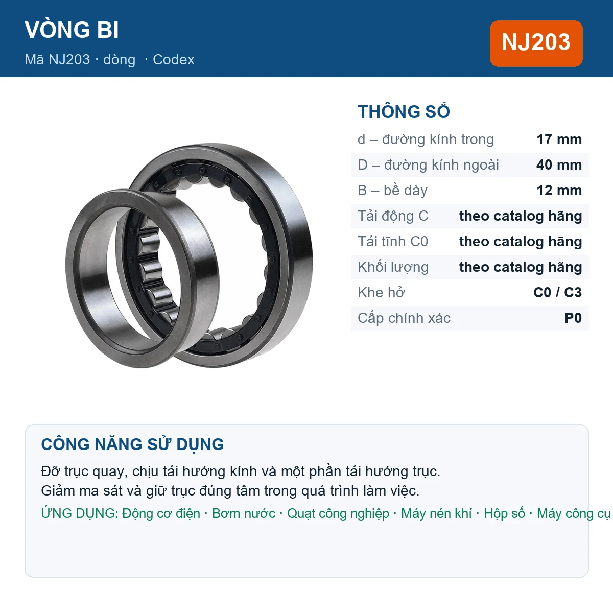 Vòng bi Codex NJ203 — kích thước 17x40x12mm