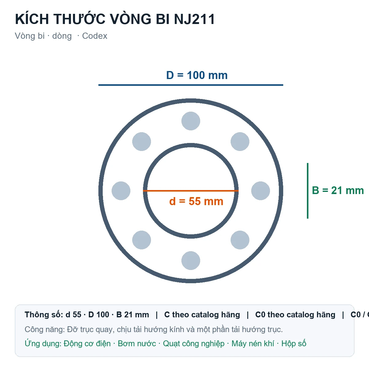 Vòng bi Codex NJ211 55x100x21mm — Bản vẽ kích thước (Google Images)