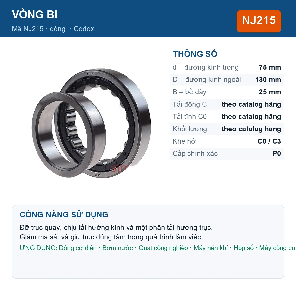 Vòng bi Codex NJ215 — kích thước 75x130x25mm