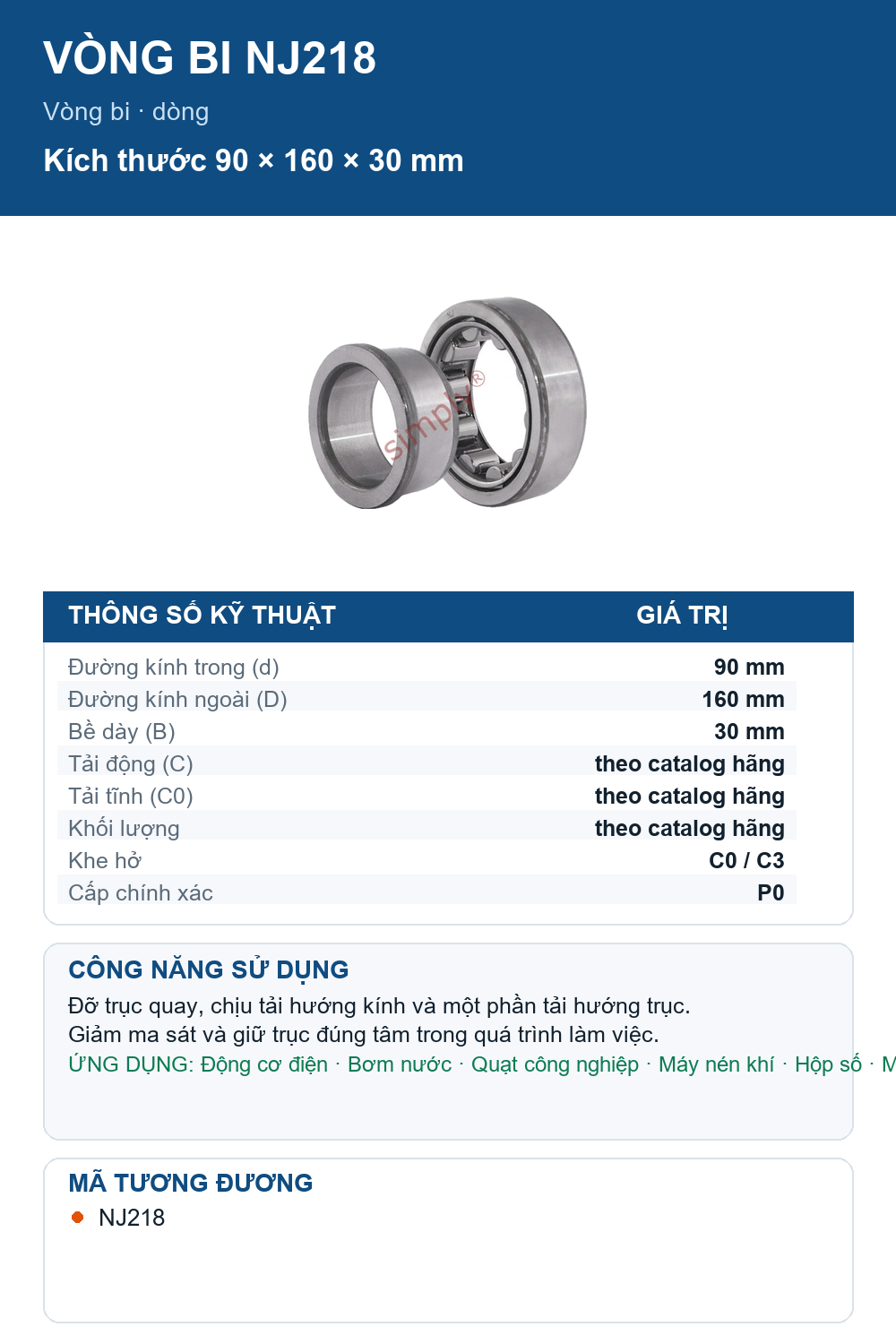 Vòng bi FAG NJ218 90x160x30mm — Ảnh thông số (Pinterest)