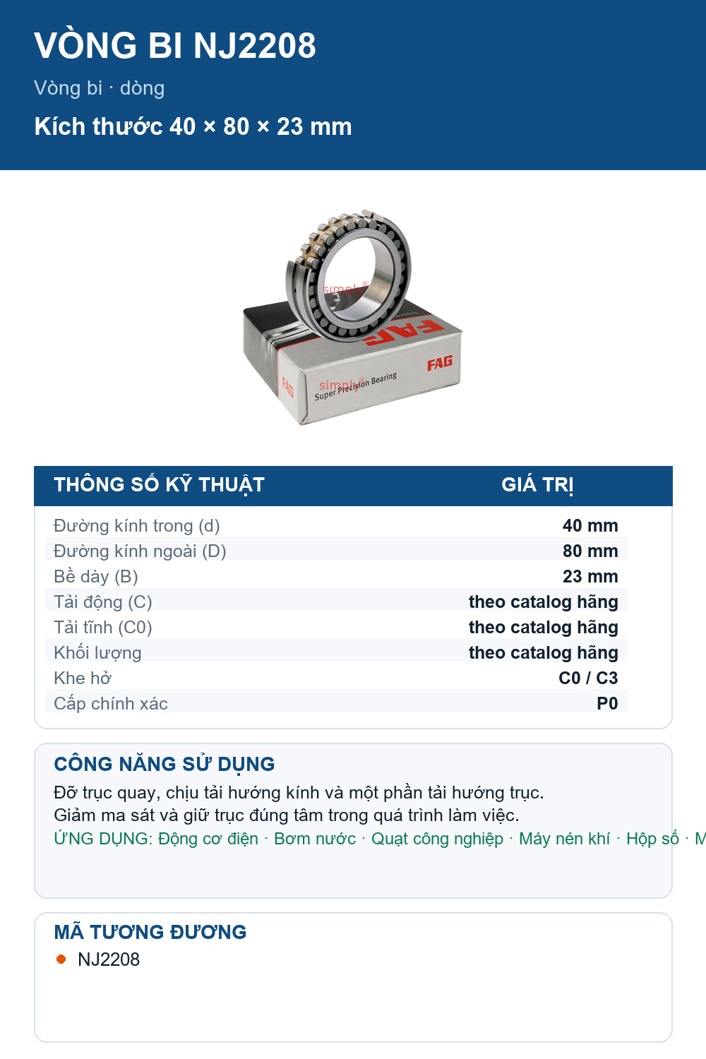 Vòng bi FAG NJ2208 40x80x23mm — Ảnh thông số (Pinterest)