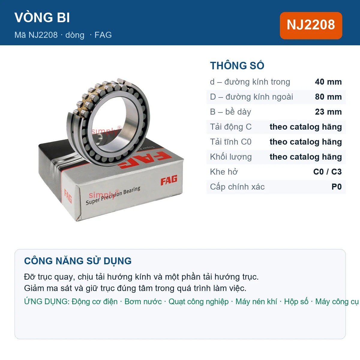 Vòng bi FAG NJ2208 40x80x23mm — Ảnh đăng sản phẩm (web)