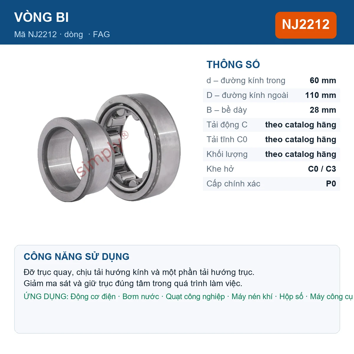 Vòng bi FAG NJ2212 — kích thước 60x110x28mm