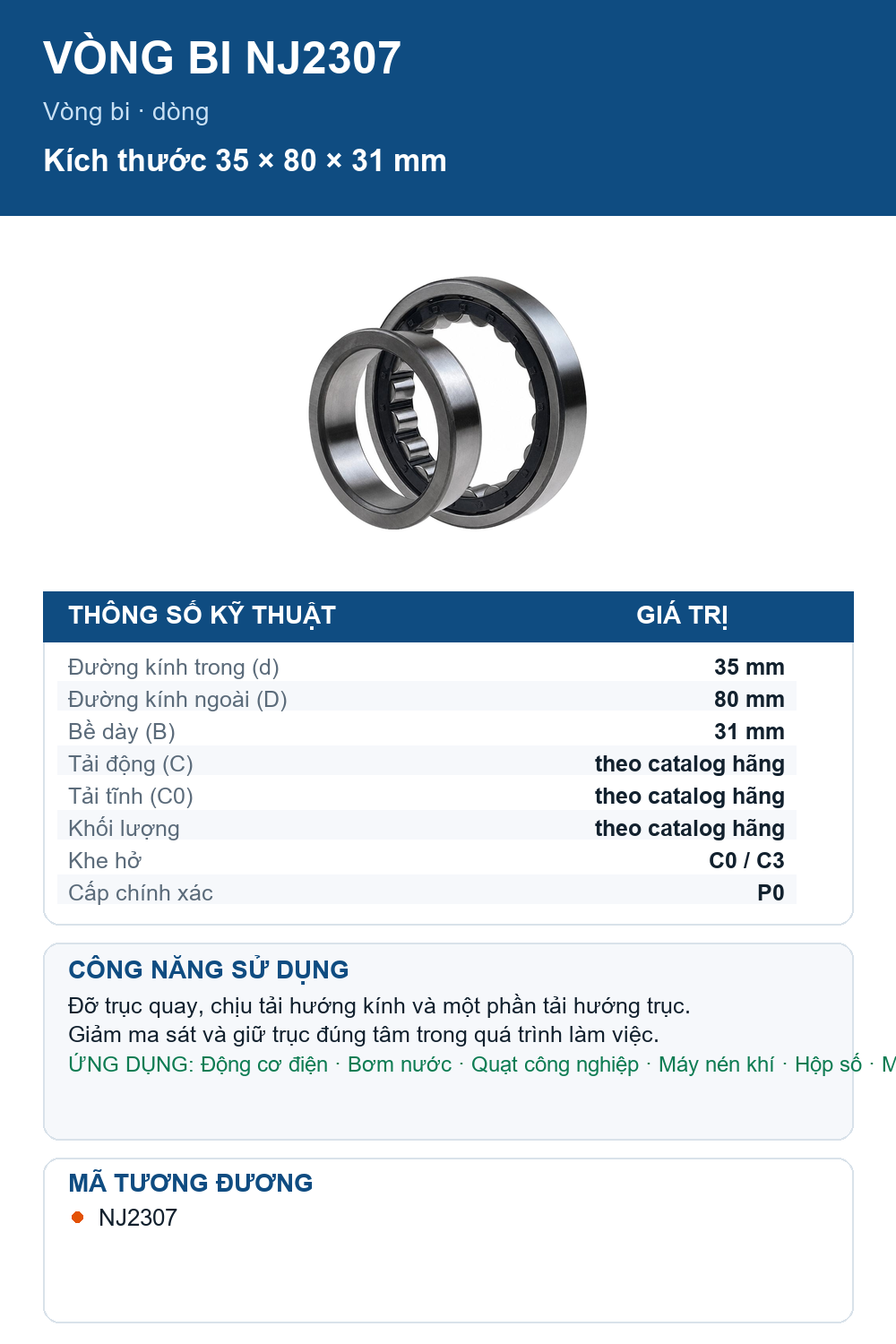 Vòng bi Codex NJ2307 35x80x31mm — Ảnh thông số (Pinterest)