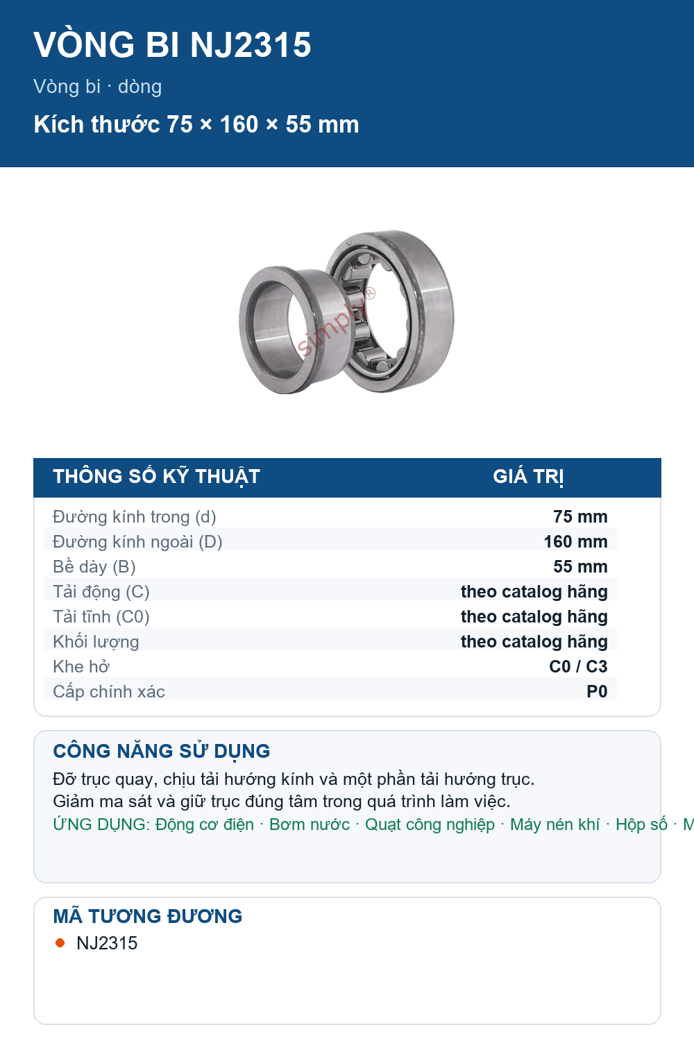 Vòng bi FAG NJ2315 75x160x55mm — Ảnh thông số (Pinterest)