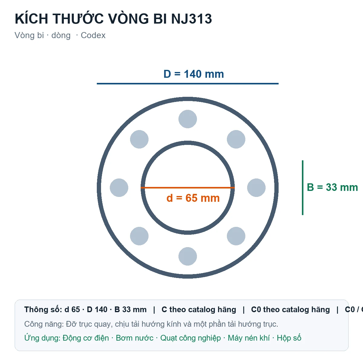 Vòng bi Codex NJ313 65x140x33mm — Bản vẽ kích thước (Google Images)