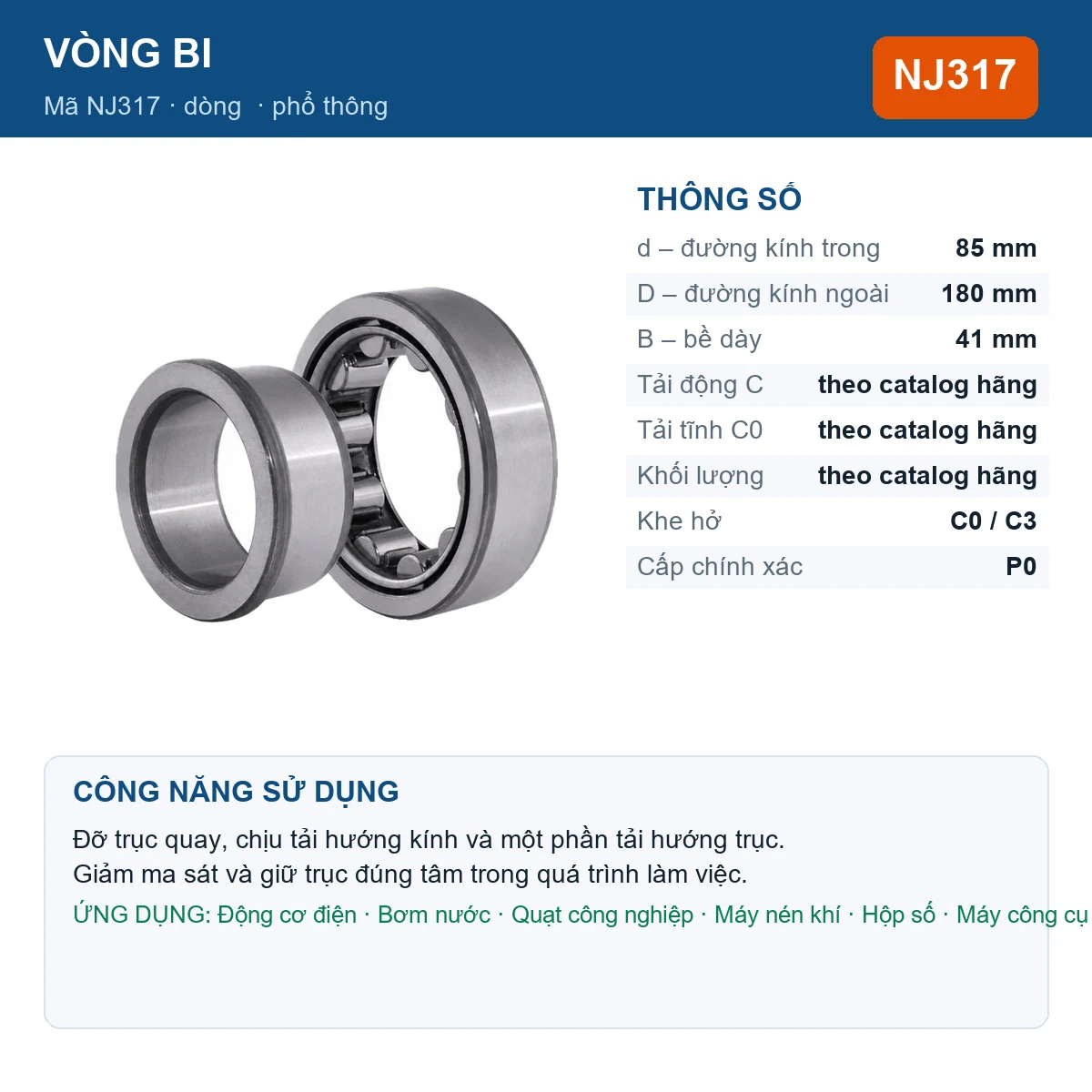 Vòng bi Gen NJ317 85x180x41mm — Ảnh đăng sản phẩm (web)