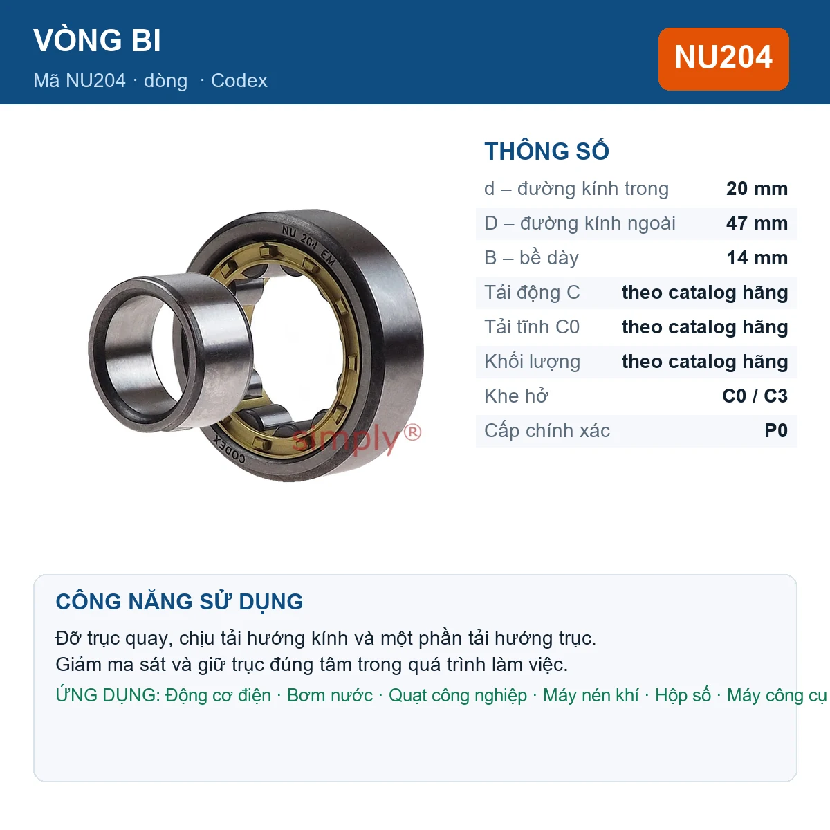Vòng bi Codex NU204 20x47x14mm — Ảnh đăng sản phẩm (web)