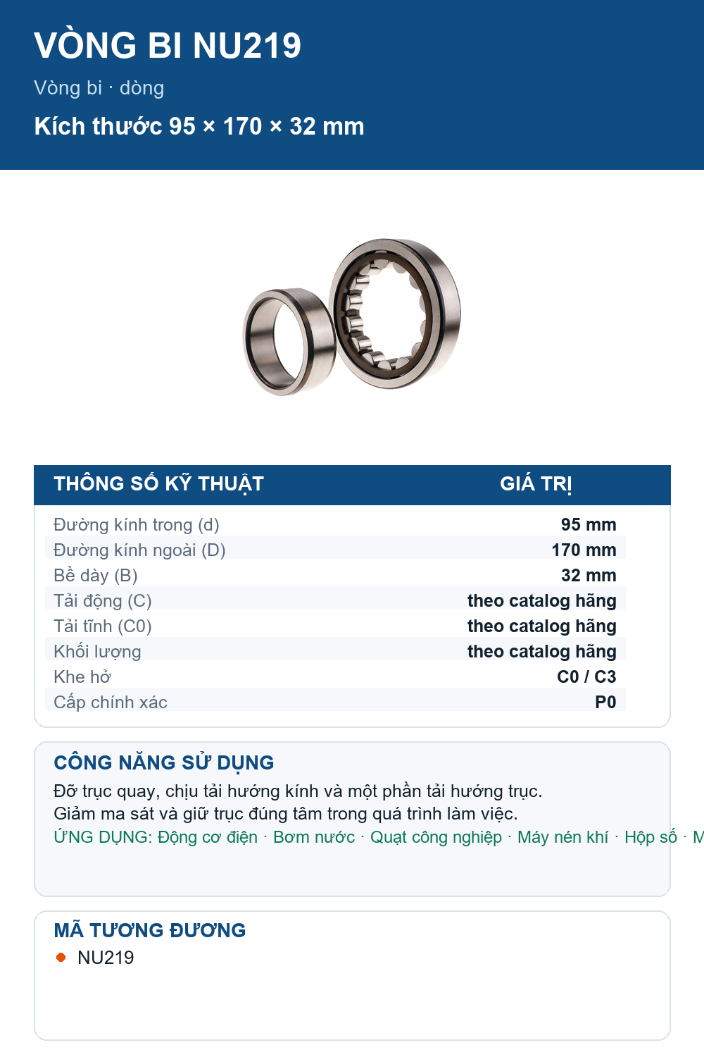 Vòng bi SKF NU219 95x170x32mm — Ảnh thông số (Pinterest)