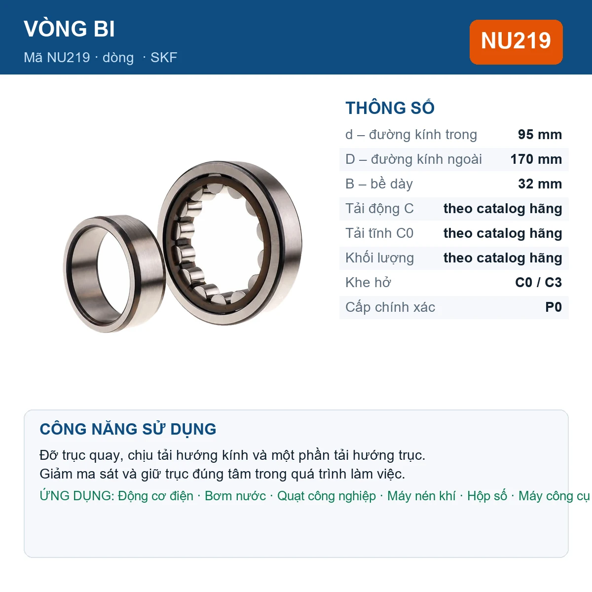 Vòng bi SKF NU219 95x170x32mm — Ảnh đăng sản phẩm (web)