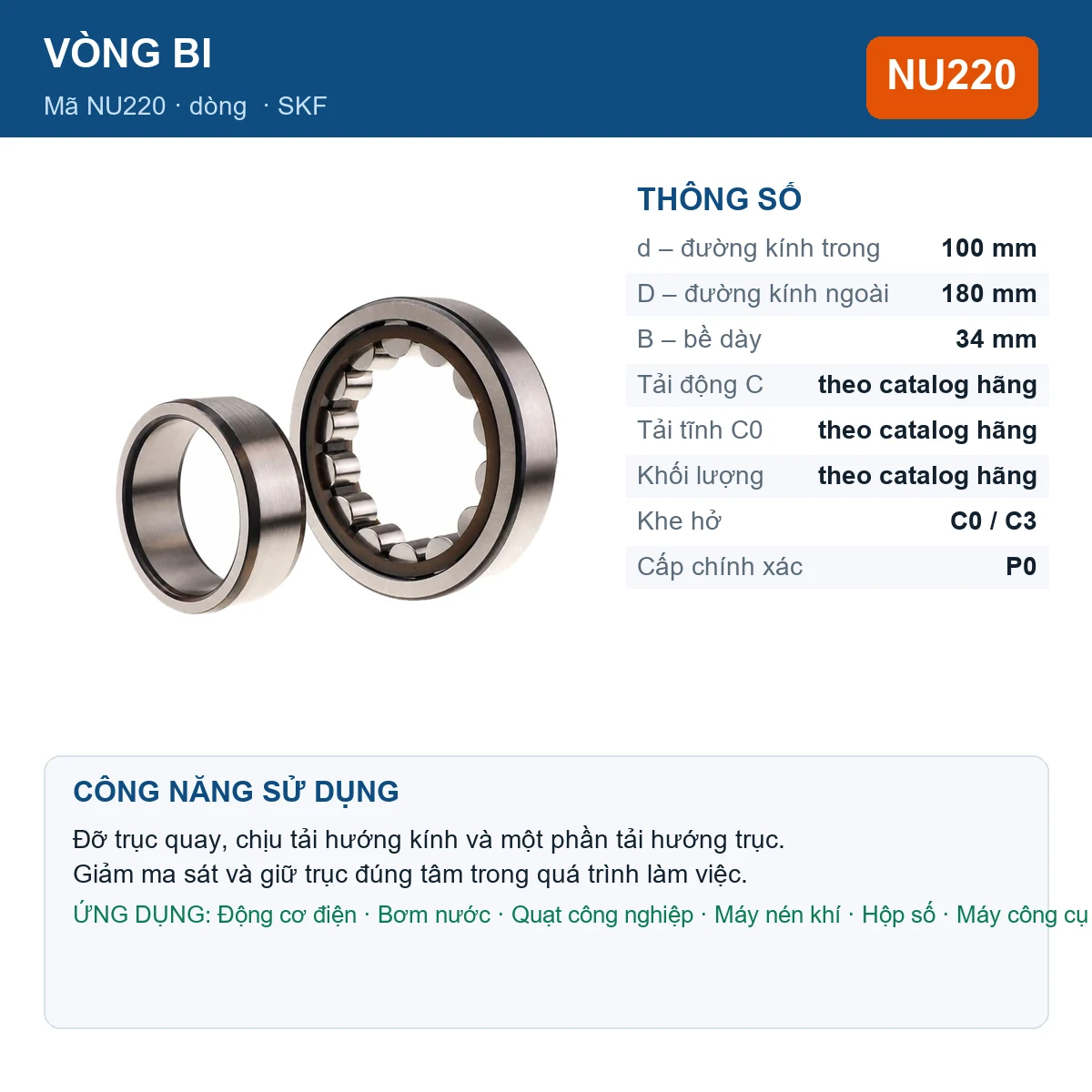 Vòng bi SKF NU220 100x180x34mm — Ảnh đăng sản phẩm (web)