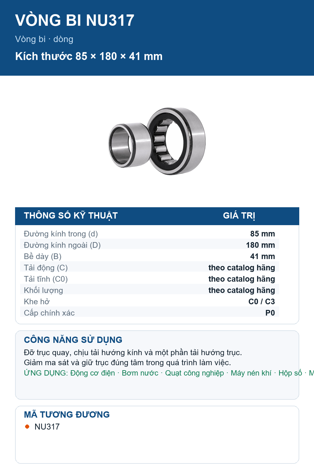 Vòng bi Gen NU317 85x180x41mm — Ảnh thông số (Pinterest)