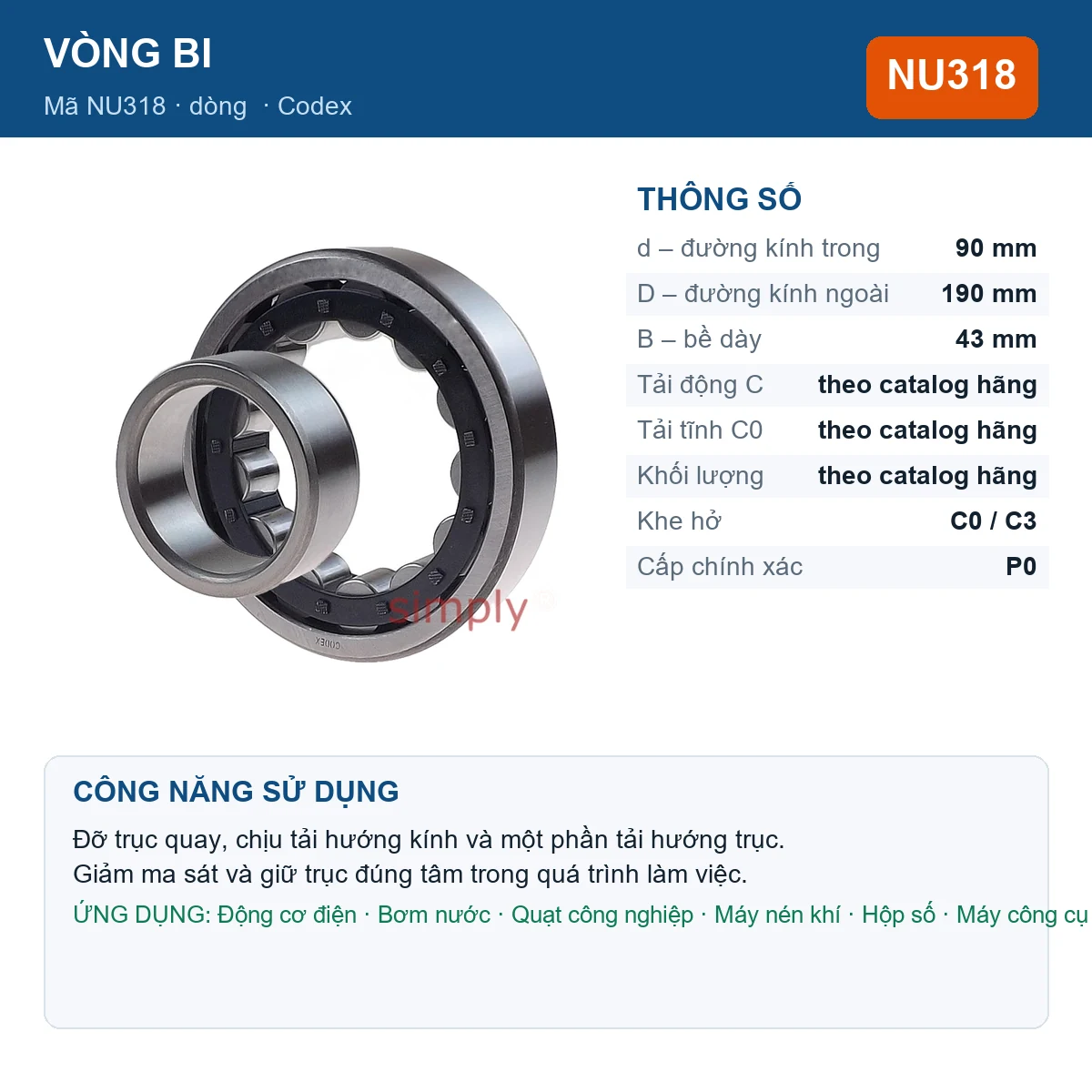 Vòng bi Codex NU318 — kích thước 90x190x43mm
