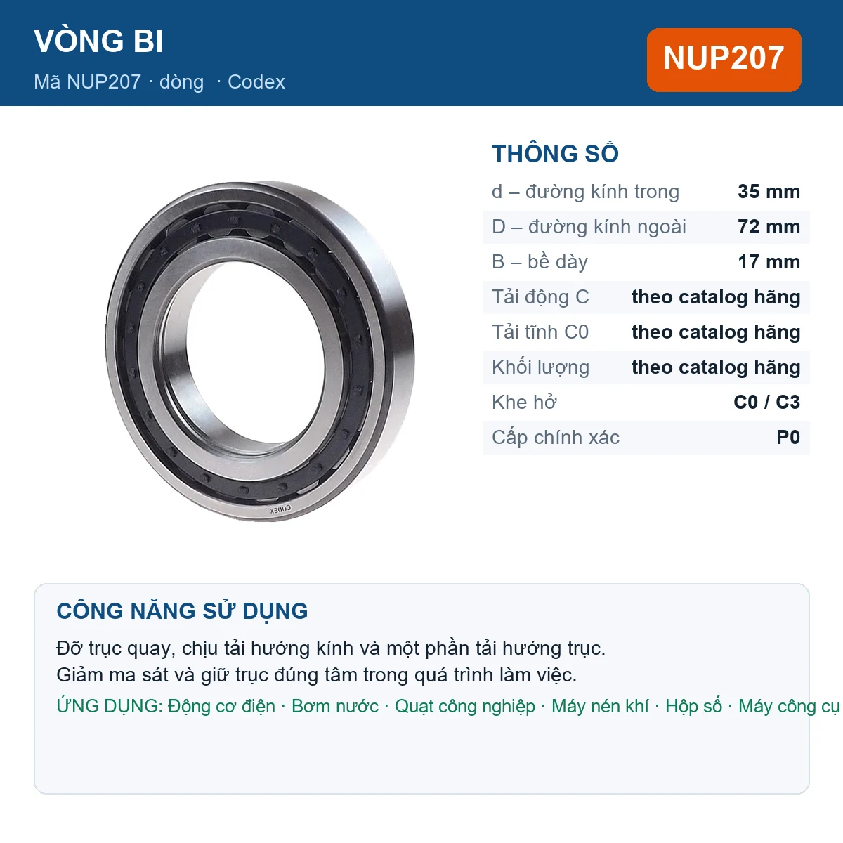 Vòng bi Codex NUP207 35x72x17mm — Ảnh đăng sản phẩm (web)