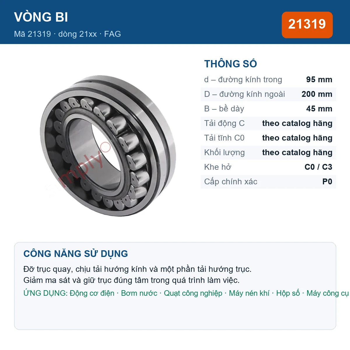 Vòng bi FAG 21319 — kích thước 95x200x45mm
