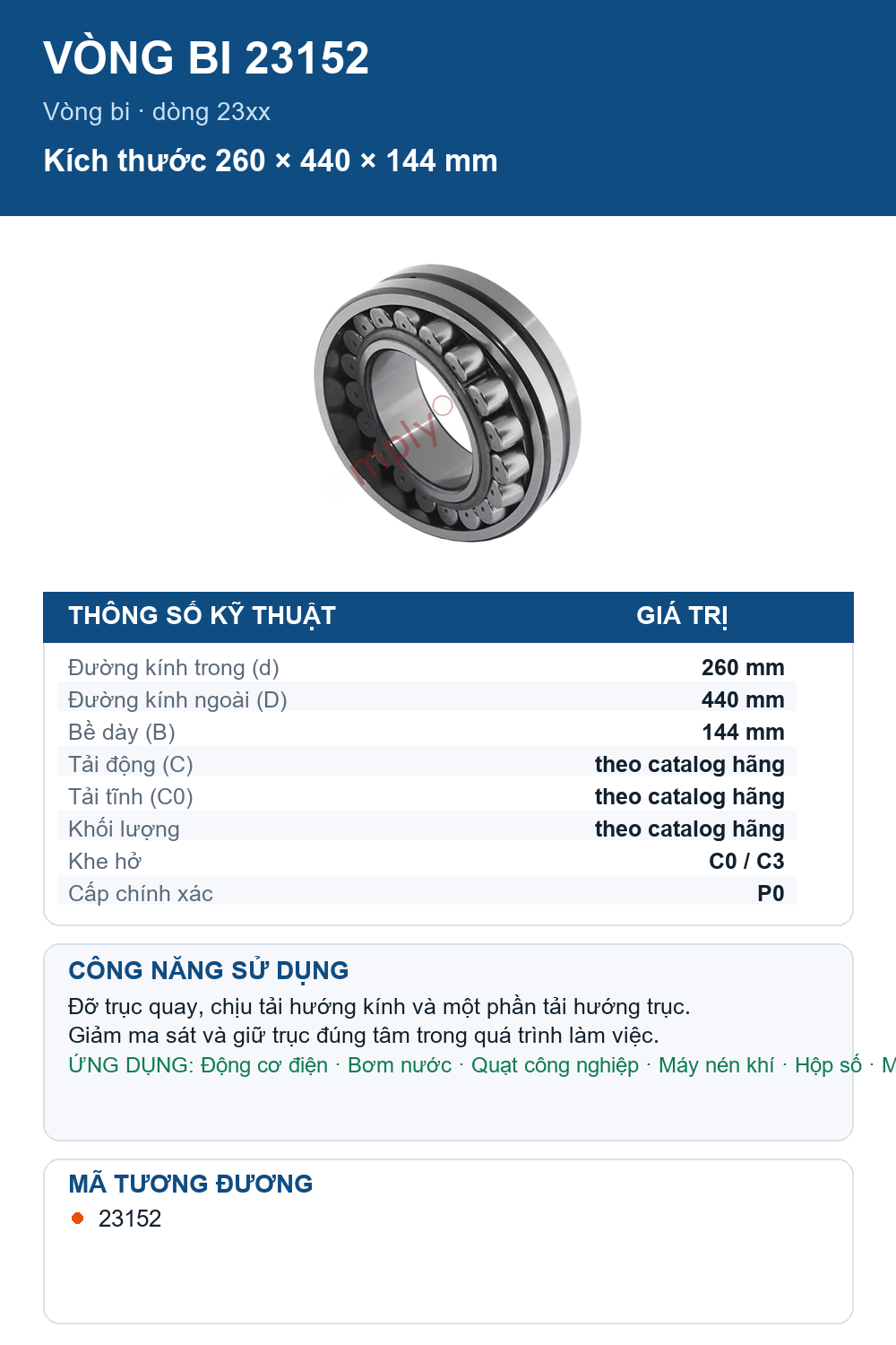 Vòng bi FAG 23152 260x440x144mm — Ảnh thông số (Pinterest)
