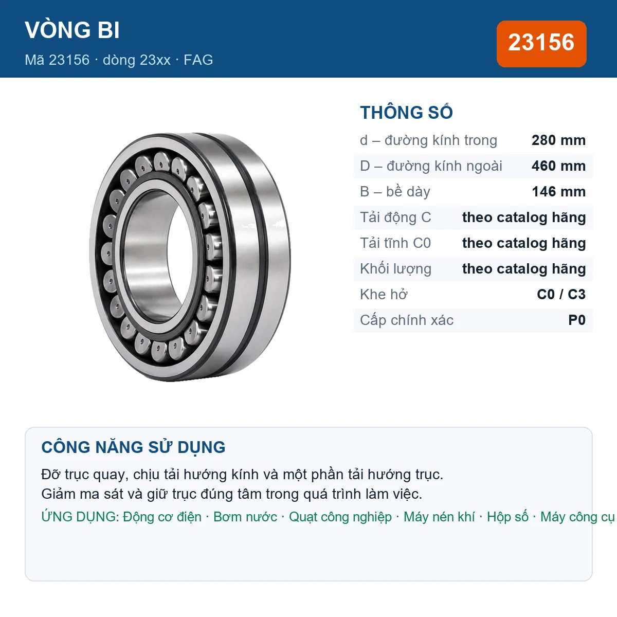 Vòng bi FAG 23156 — kích thước 280x460x146mm
