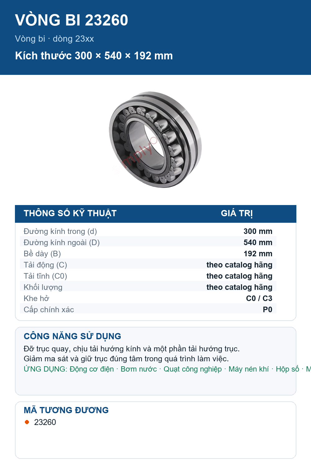 Vòng bi FAG 23260 300x540x192mm — Ảnh thông số (Pinterest)