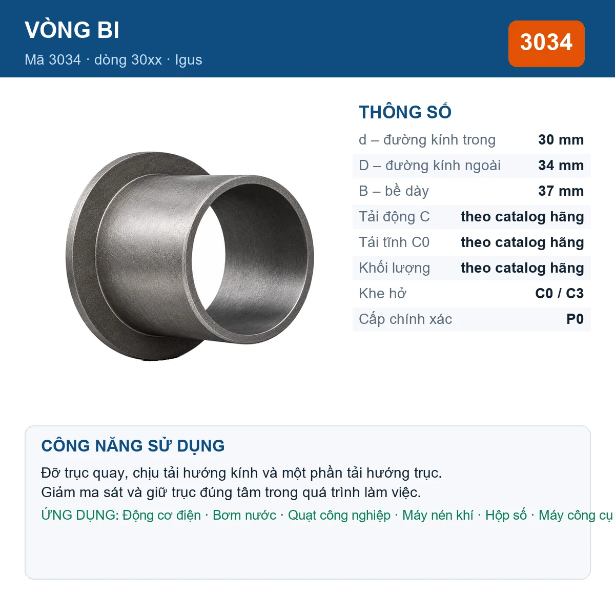 Vòng bi Igus 3034 30x34x37mm — Ảnh đăng sản phẩm (web)