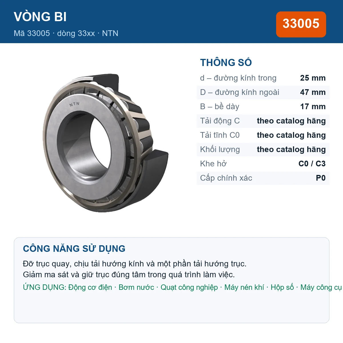 Vòng bi NTN 33005 25x47x17mm — Ảnh đăng sản phẩm (web)