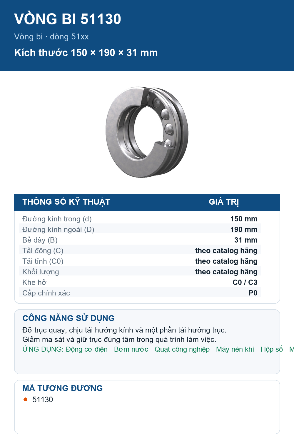 Vòng bi NTN 51130 150x190x31mm — Ảnh thông số (Pinterest)