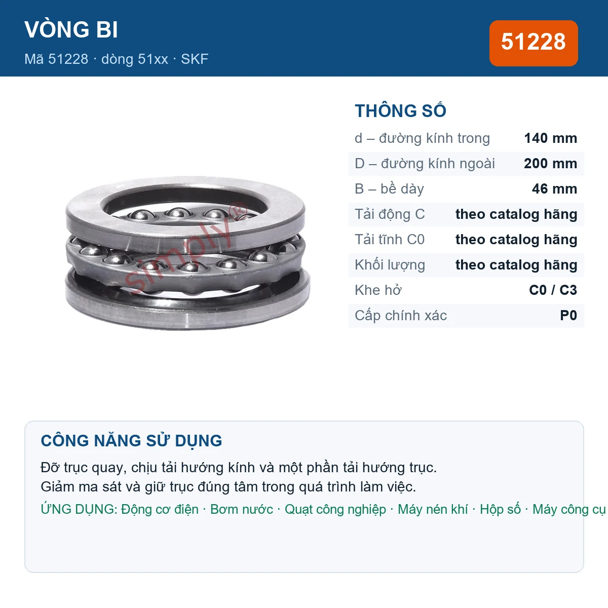 Vòng bi SKF 51228 140x200x46mm — Ảnh đăng sản phẩm (web)
