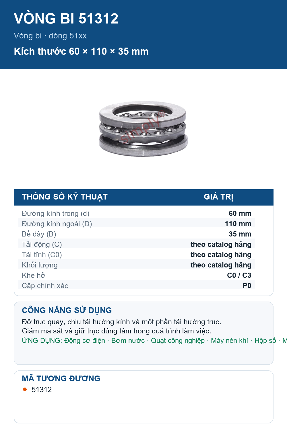 Vòng bi SKF 51312 60x110x35mm — Ảnh thông số (Pinterest)