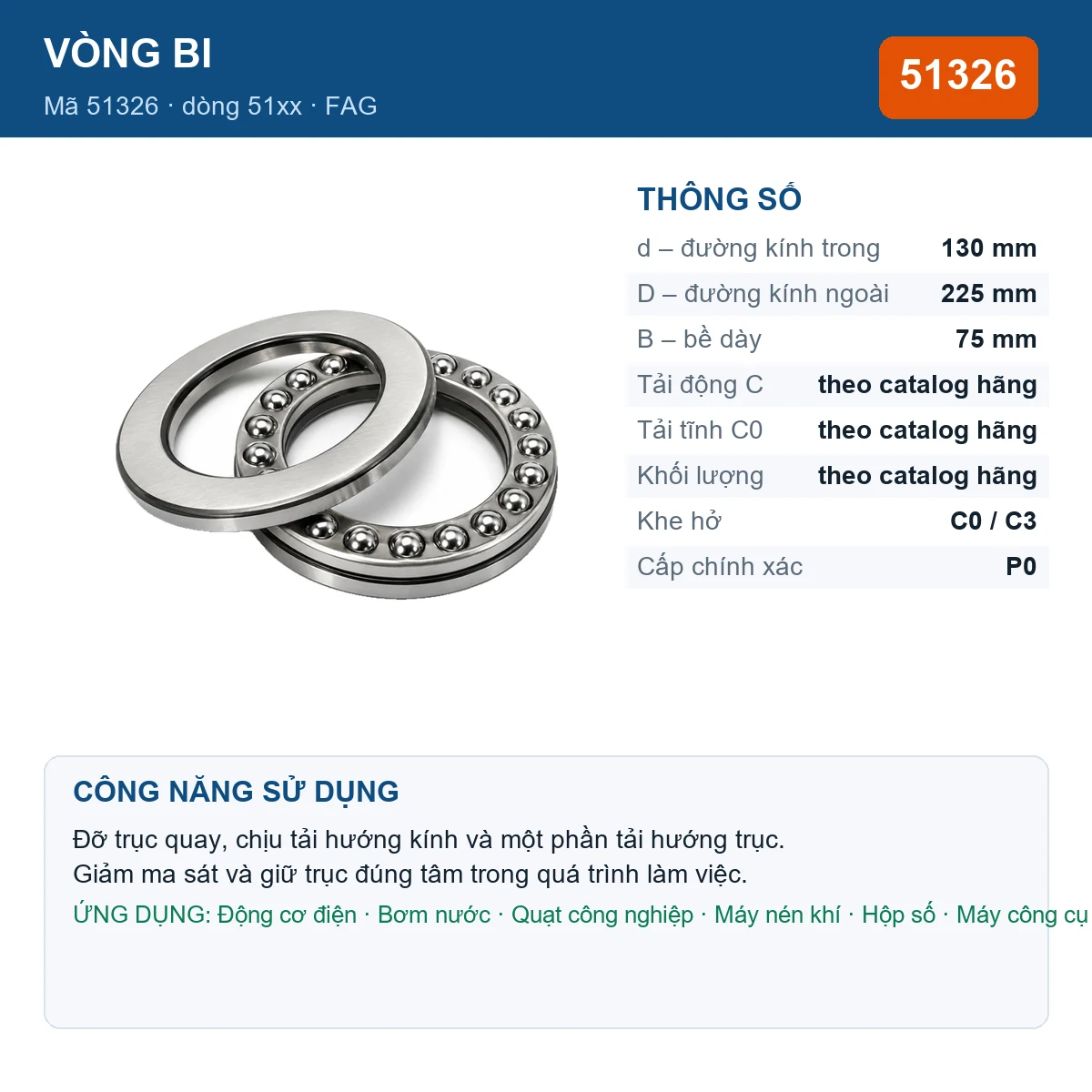 Vòng bi FAG 51326 — kích thước 130x225x75mm