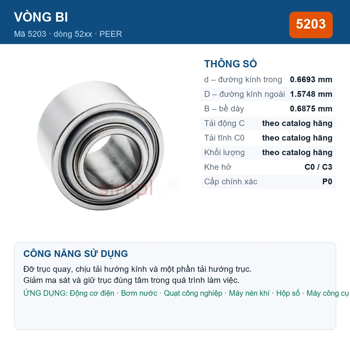 Vòng bi PEER 5203 0.6693x1.5748x0.6875mm — Ảnh đăng sản phẩm (web)