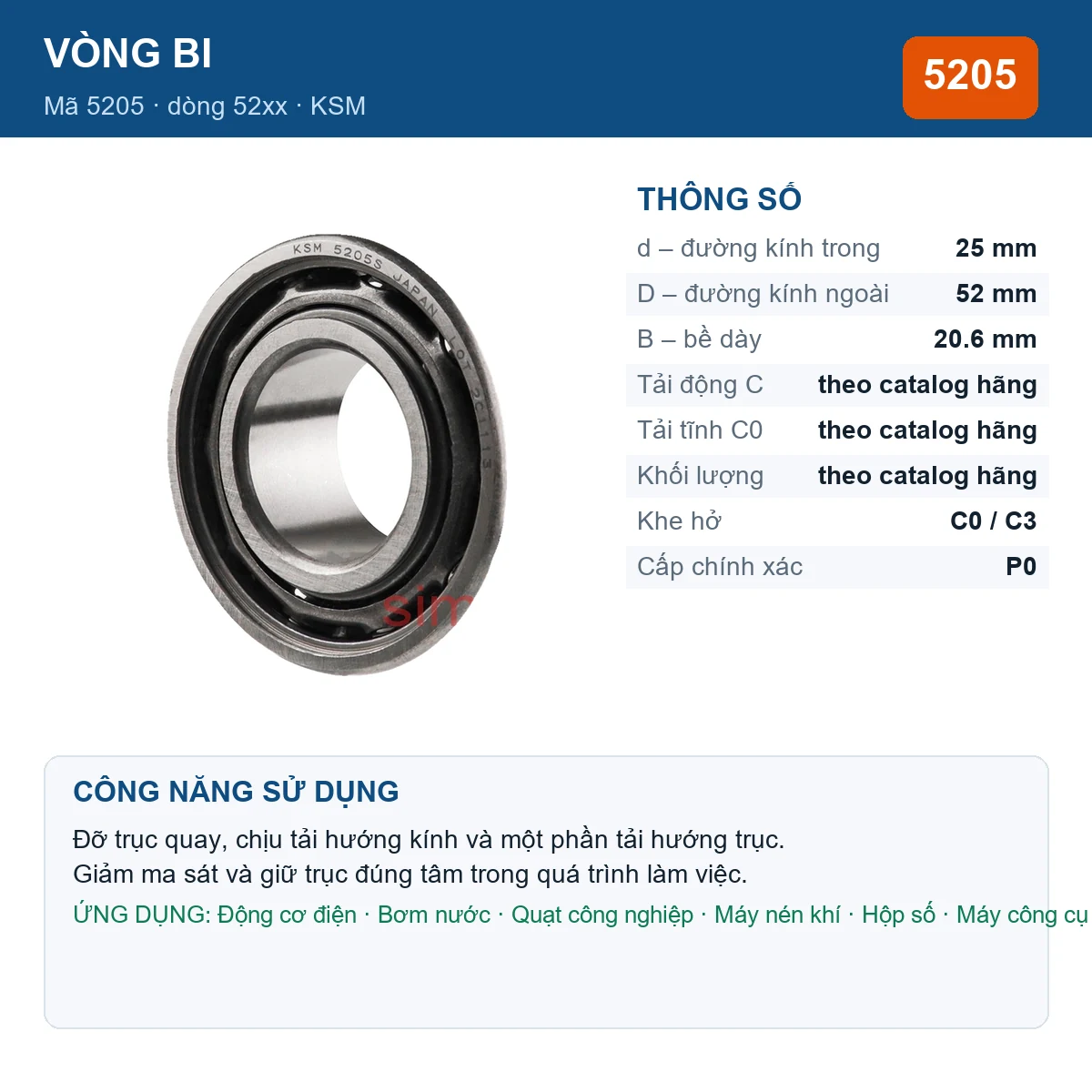 Vòng bi KSM 5205 25x52x20.6mm — Ảnh đăng sản phẩm (web)