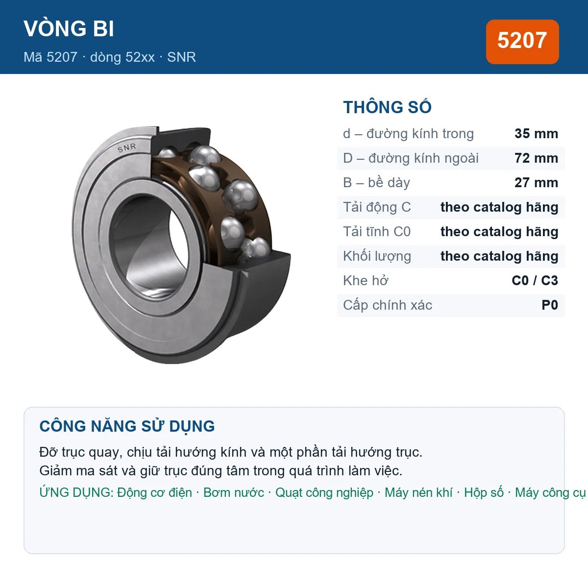 Vòng bi SNR 5207 35x72x27mm — Ảnh đăng sản phẩm (web)