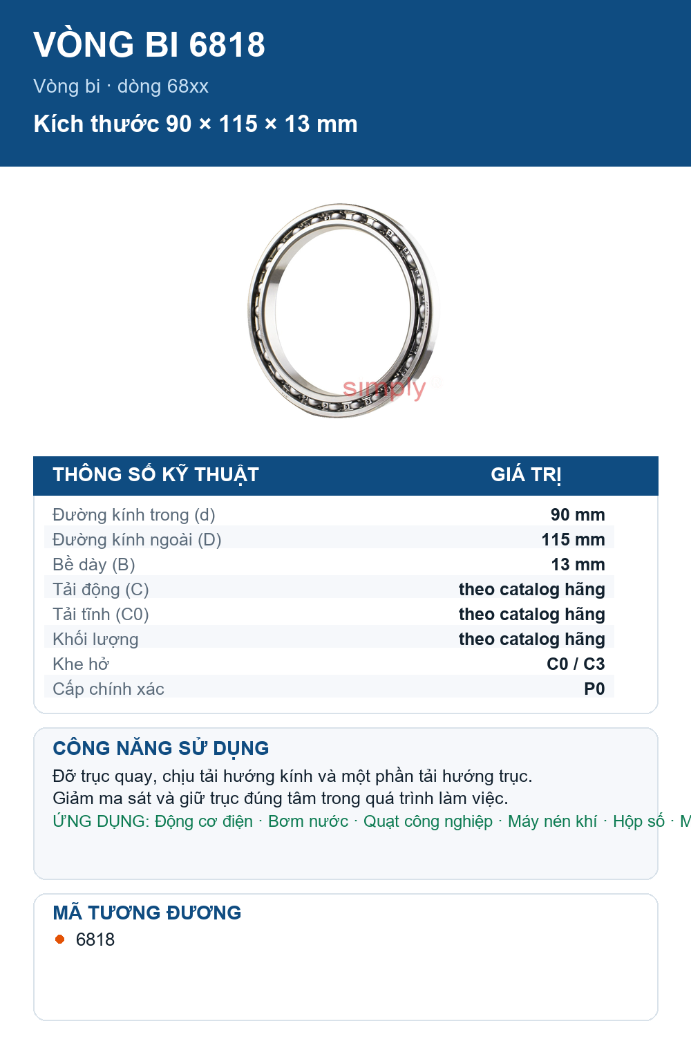 Vòng bi NTN 6818 90x115x13mm — Ảnh thông số (Pinterest)