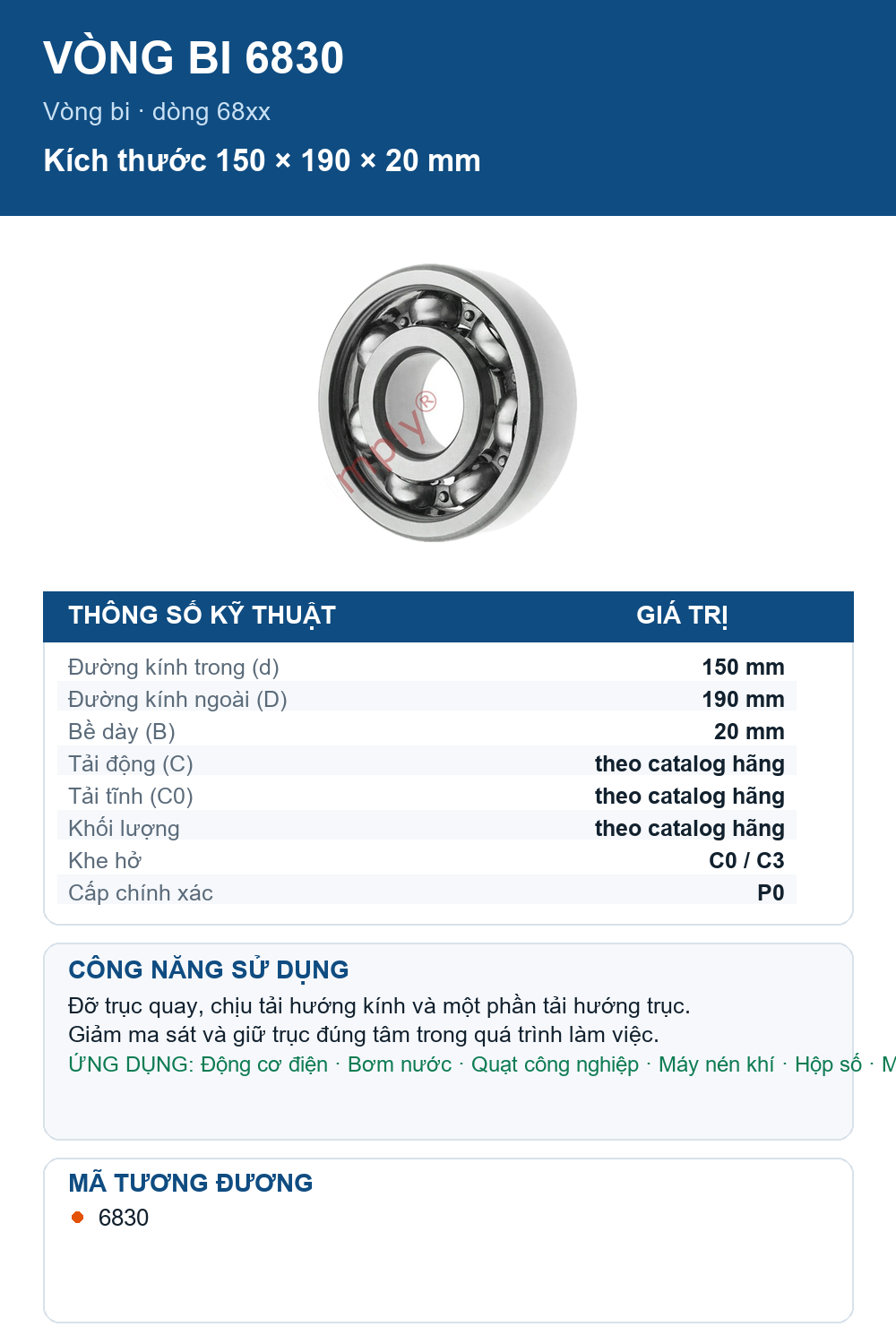 Vòng bi NTN 6830 150x190x20mm — Ảnh thông số (Pinterest)