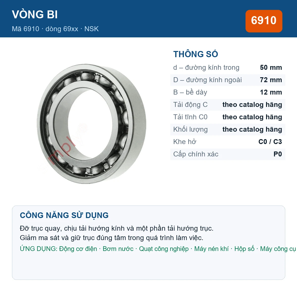 Vòng bi NSK 6910 — kích thước 50x72x12mm