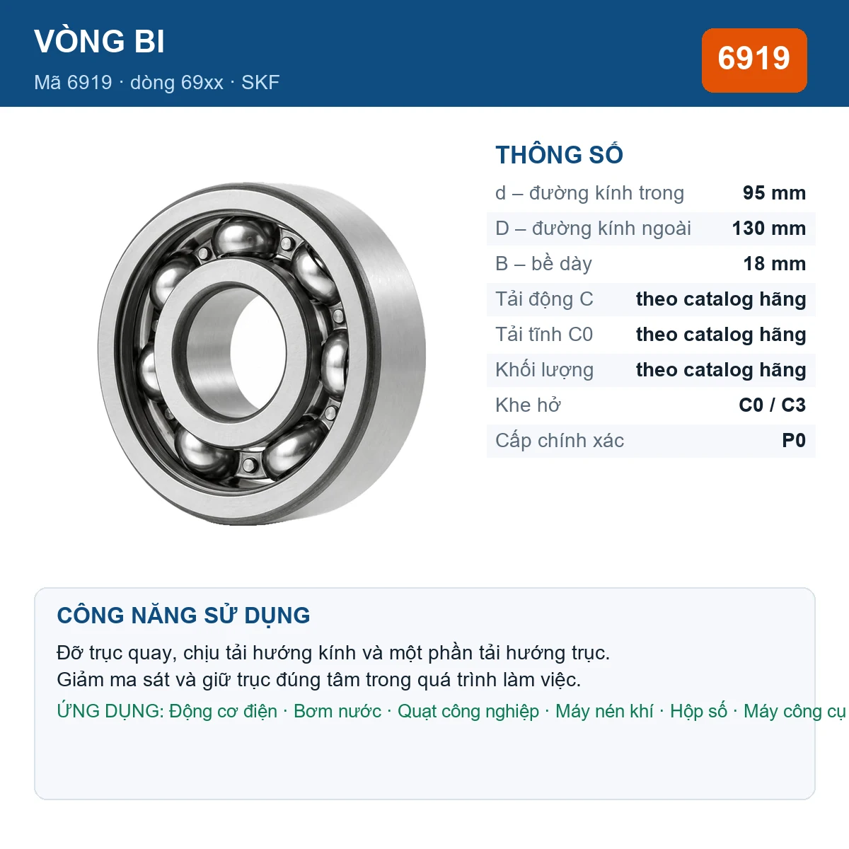 Vòng bi SKF 6919 — kích thước 95x130x18mm