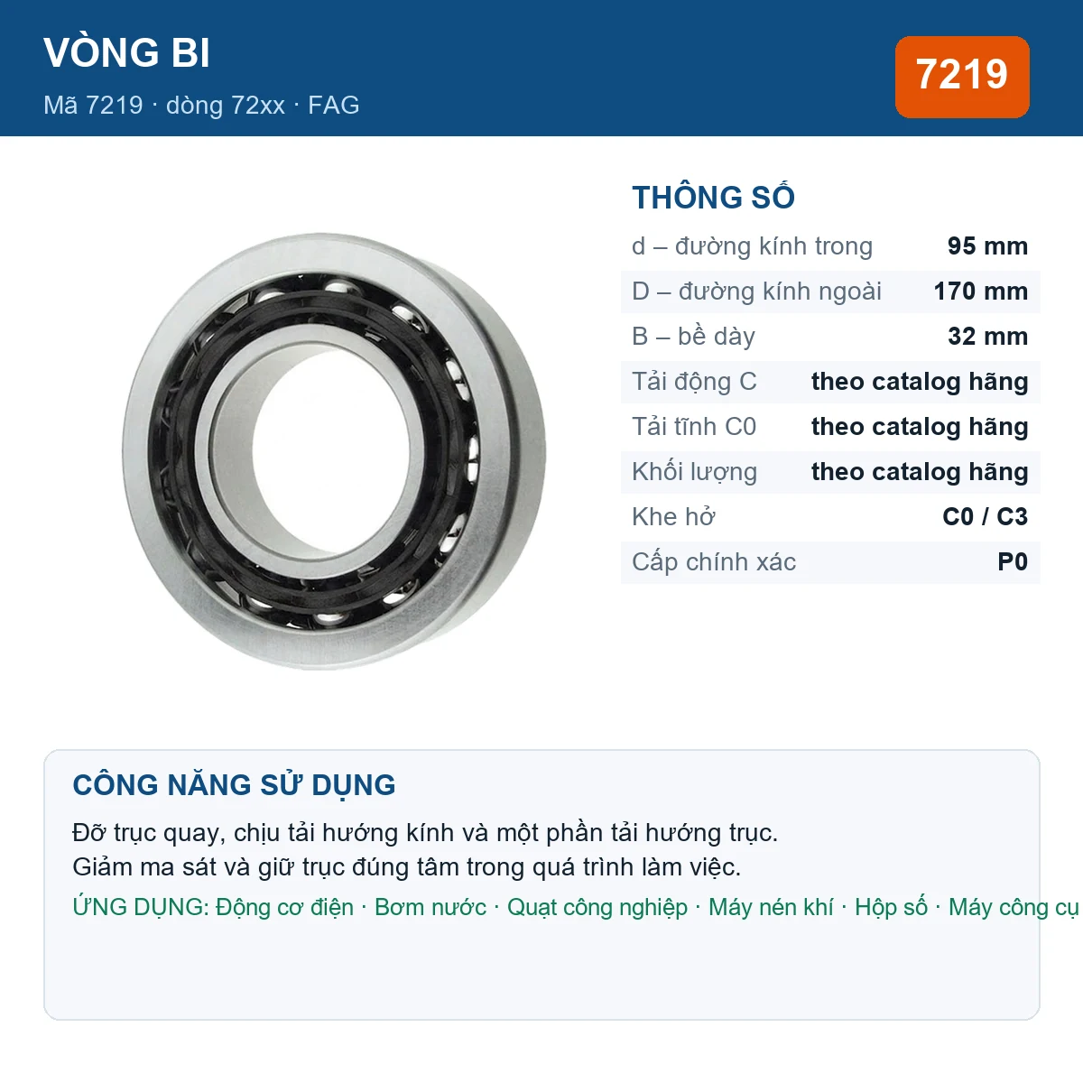 Vòng bi FAG 7219 — kích thước 95x170x32mm