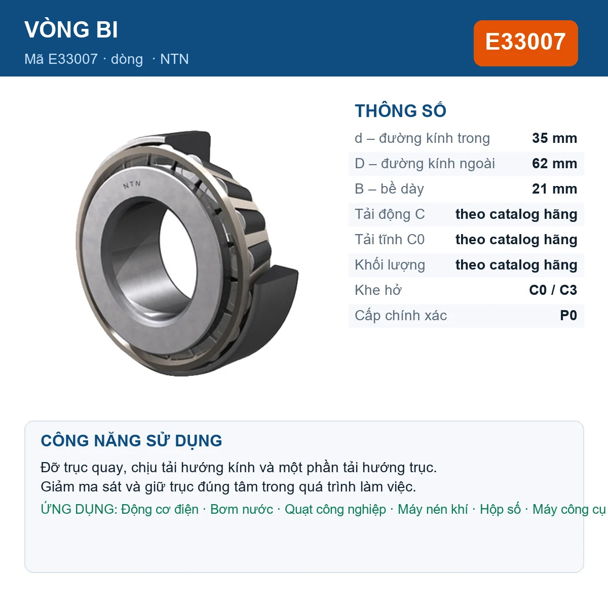 Vòng bi NTN E33007 35x62x21mm — Ảnh đăng sản phẩm (web)