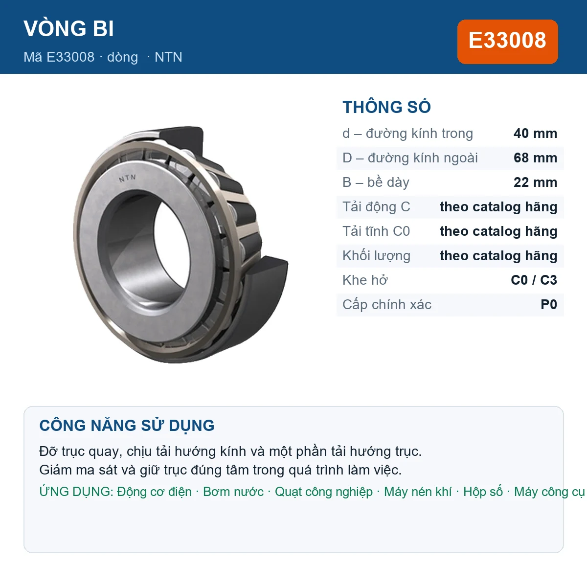 Vòng bi NTN E33008 40x68x22mm — Ảnh đăng sản phẩm (web)