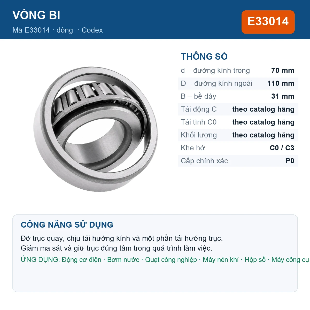 Vòng bi Codex E33014 — kích thước 70x110x31mm