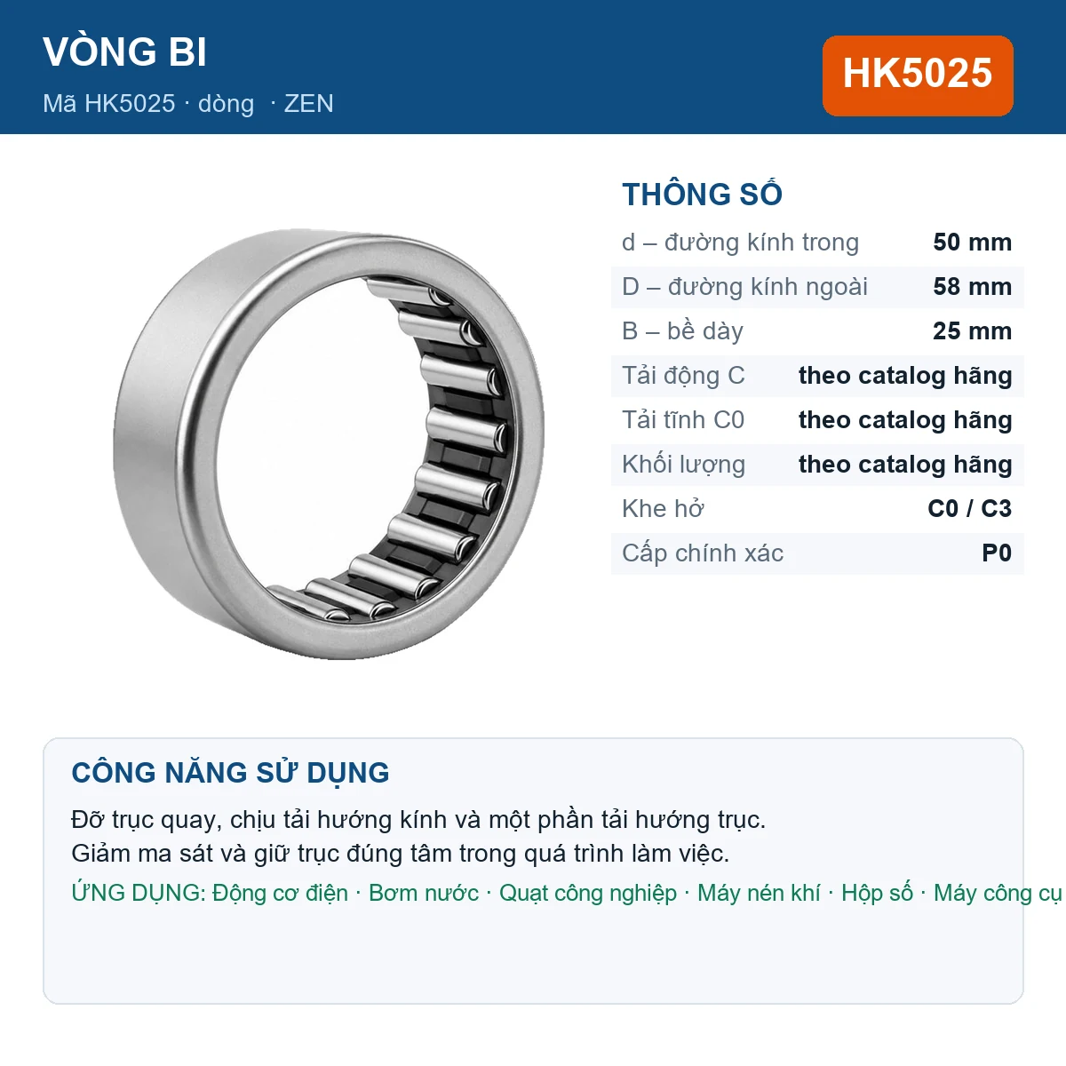 Vòng bi ZEN HK5025 50x58x25mm — Ảnh đăng sản phẩm (web)