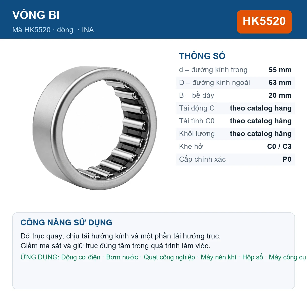 Vòng bi INA HK5520 55x63x20mm — Ảnh đăng sản phẩm (web)