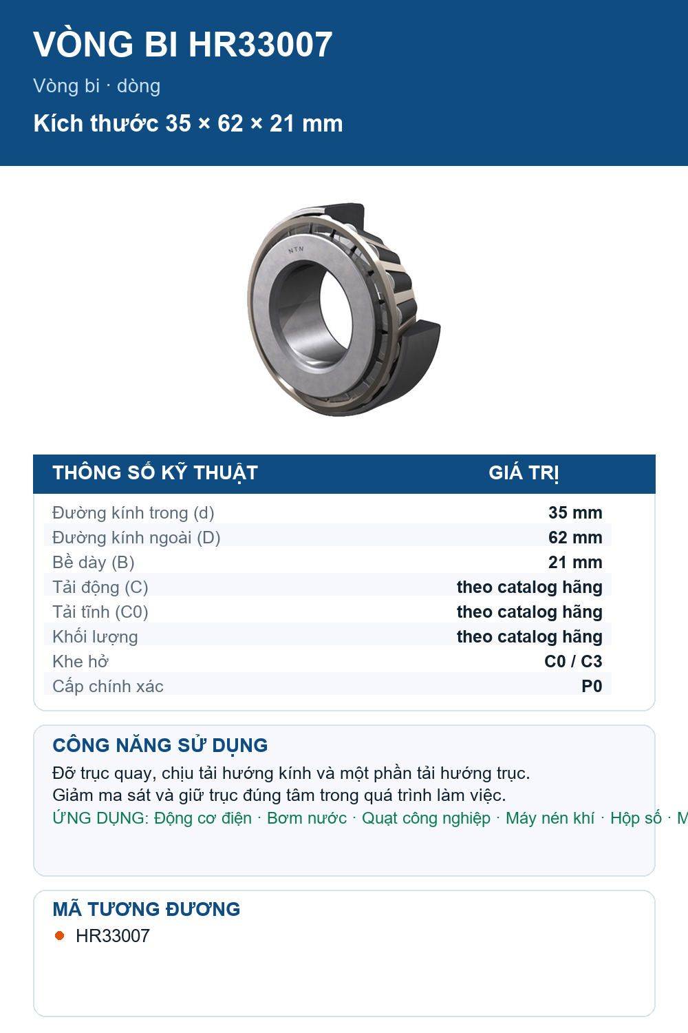 Vòng bi NTN HR33007 35x62x21mm — Ảnh thông số (Pinterest)