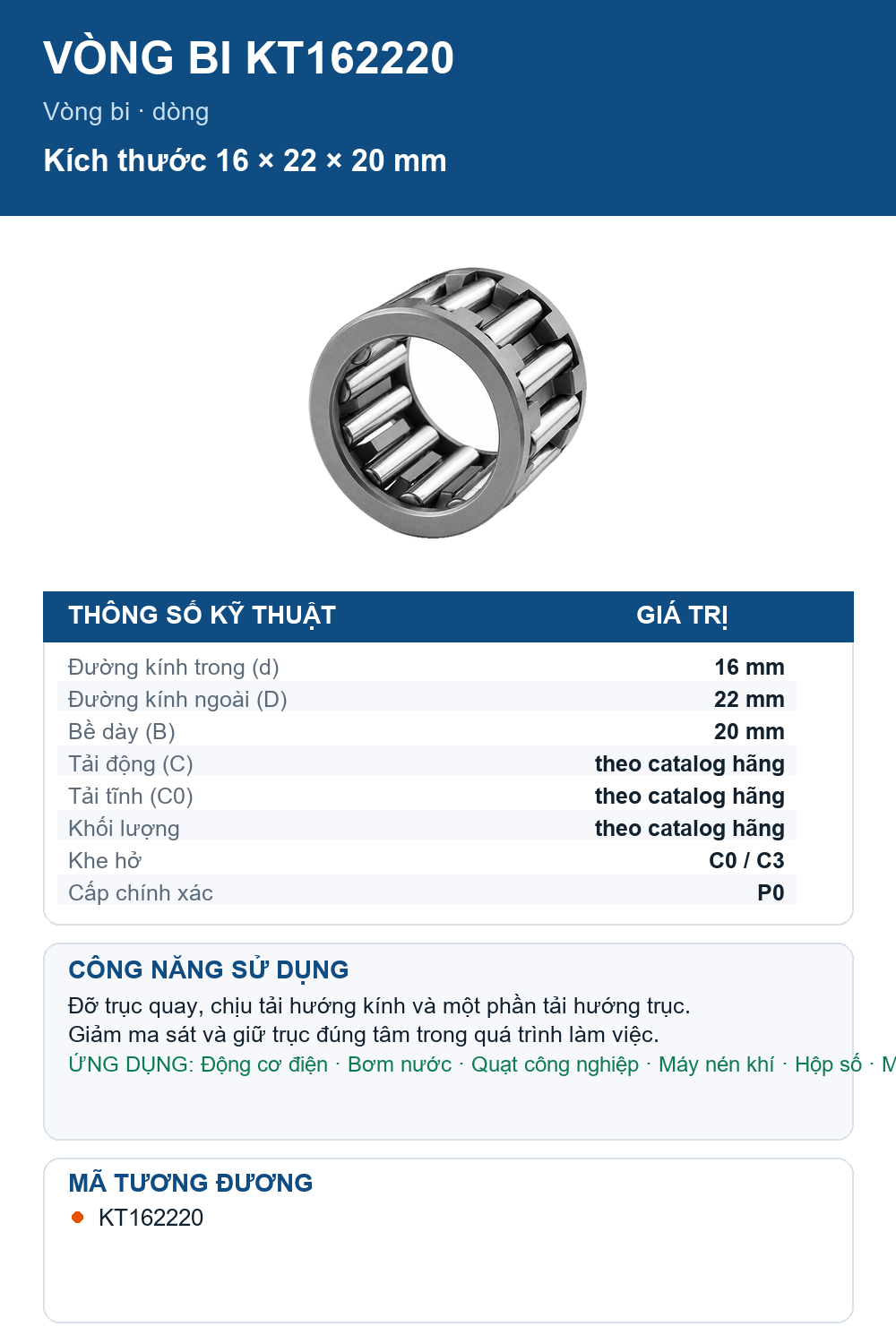 Vòng bi IKO KT162220 16x22x20mm — Ảnh thông số (Pinterest)
