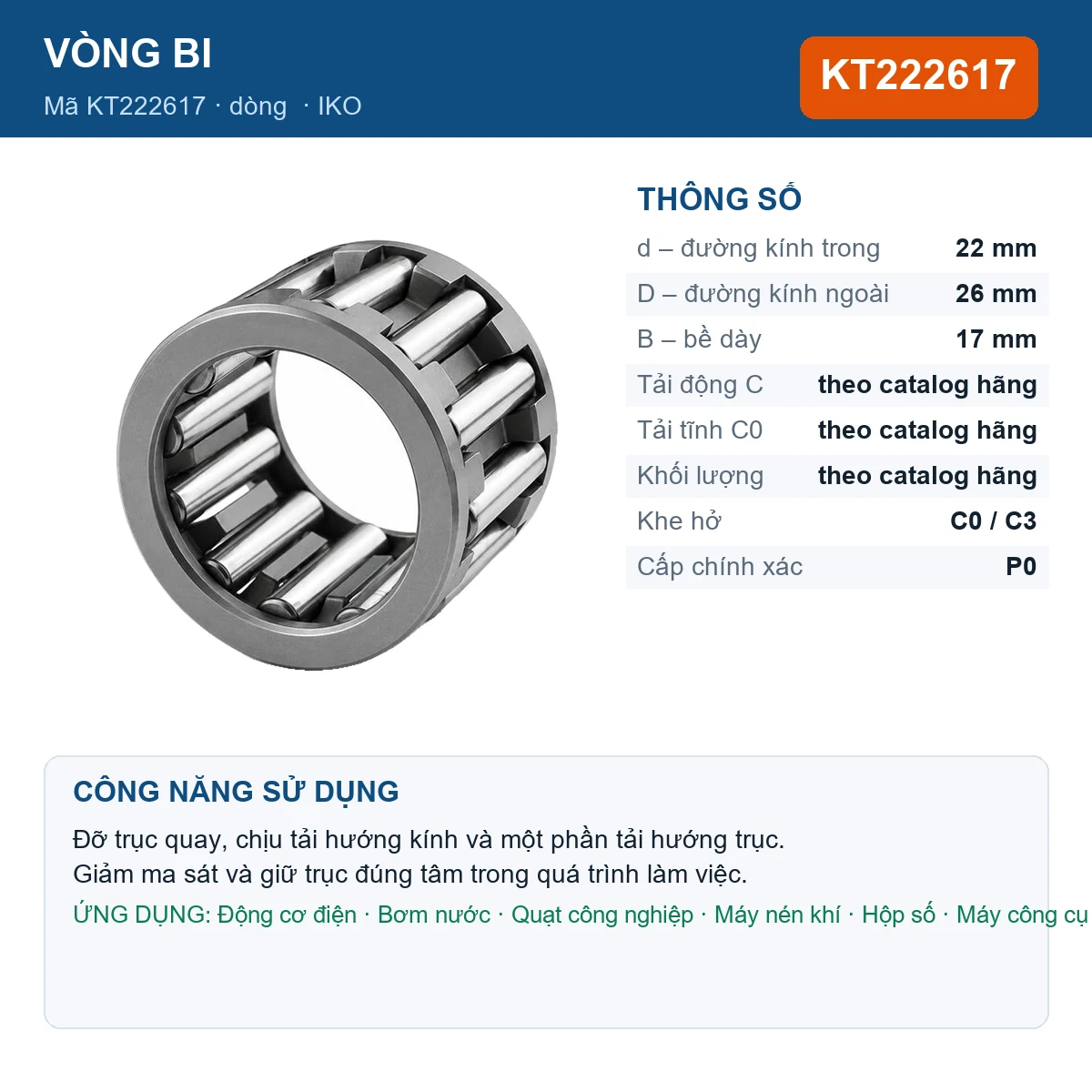 Vòng bi IKO KT222617 — kích thước 22x26x17mm