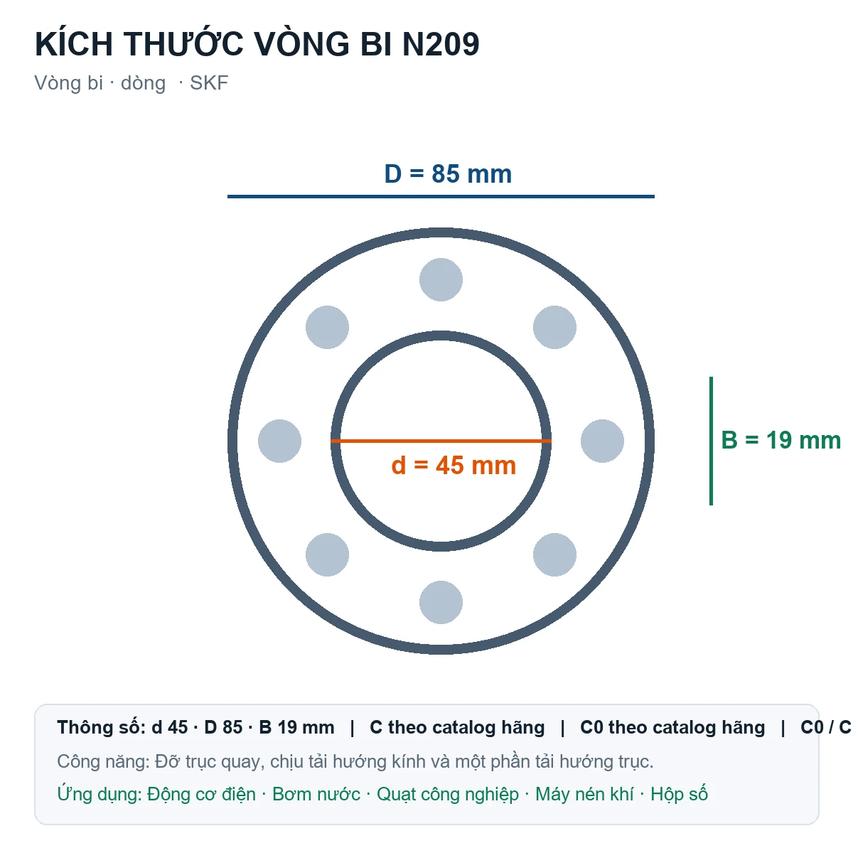 Vòng bi SKF N209 45x85x19mm — Bản vẽ kích thước (Google Images)