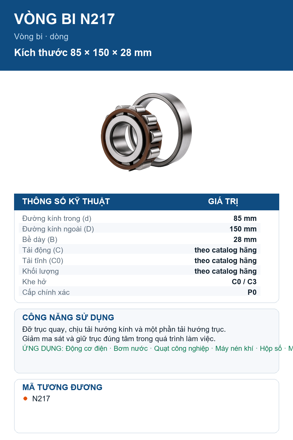 Vòng bi SKF N217 85x150x28mm — Ảnh thông số (Pinterest)
